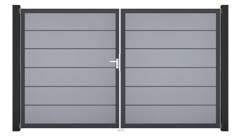 planeo Gardence Simply Premium - Porta in PVC - DIN sinistra a 2 ante grigio argento con telaio in alluminio antracite | DB703 300 x 180 cm
