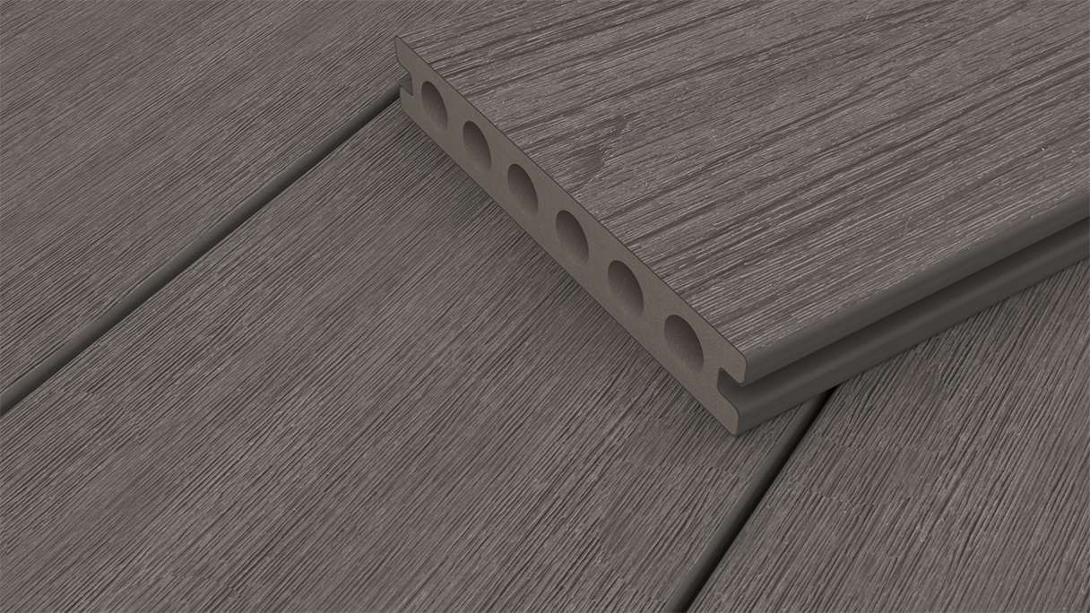 planeo WOODLine Nature - Pannello per decking rivestito in WPC CoEx a camera cava - grigio scuro 3m strutturato/liscio spazzolato
