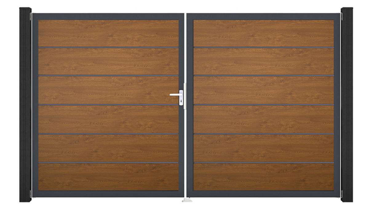 planeo Gardence Simply Premium - Cancello in PVC a 2 ante Golden Oak con telaio in alluminio 300 x 180 cm