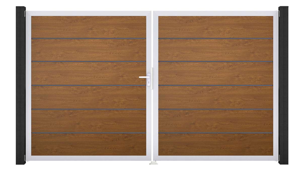 planeo Gardence Simply Premium - Cancello in PVC a 2 ante Golden Oak con telaio in alluminio 300 x 180 cm
