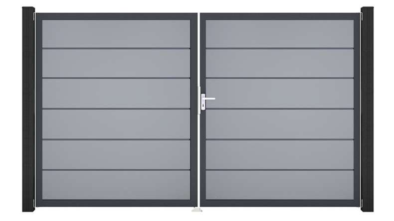 planeo Gardence Simply Premium - Cancello in PVC a 2 ante, grigio argento con telaio in alluminio, 300 x 180 cm