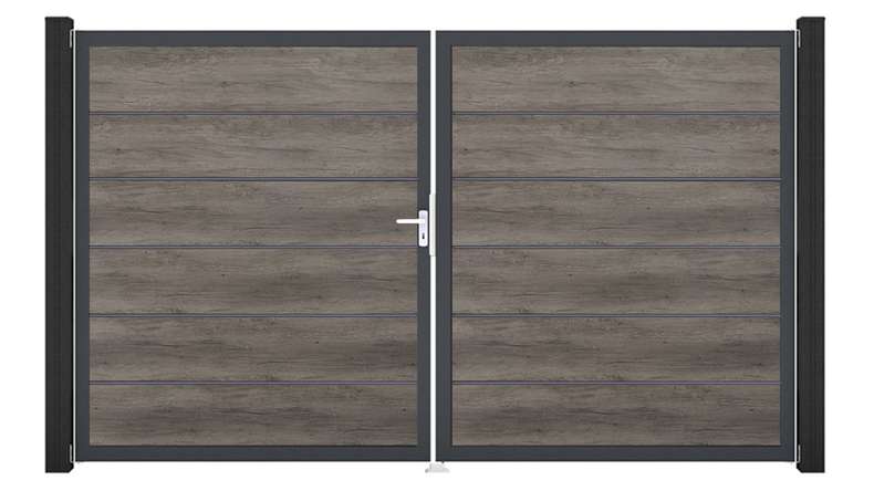 planeo Gardence Simply Premium - Cancello in PVC a 2 ante, finitura Monument Oak con telaio in alluminio, 300 x 180 cm