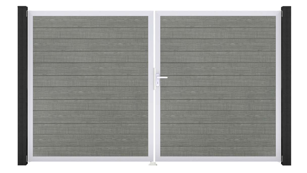 planeo Gardence Simply Small - Cancello in PVC a 2 ante Grey Ash Cut con telaio in alluminio 300 x 180 cm