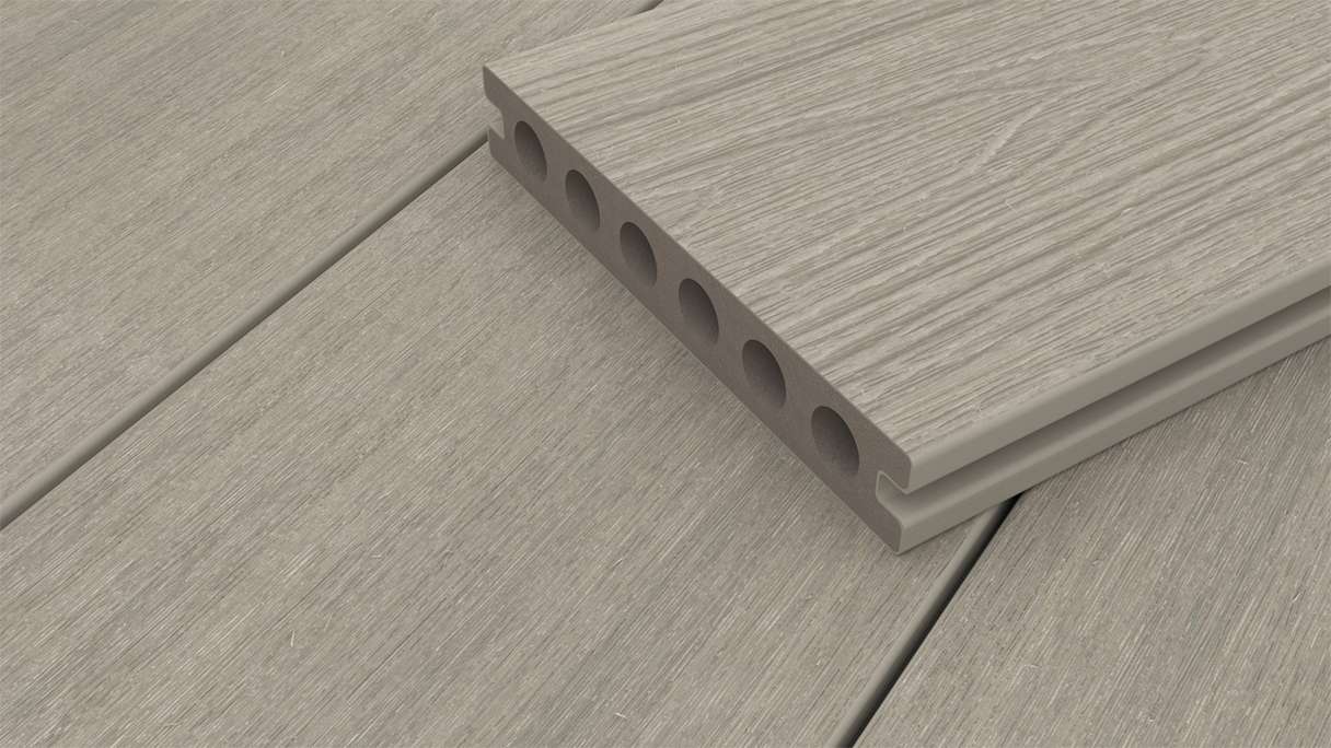 planeo WOODLine Nature - Pannello per decking rivestito in WPC CoEx a camera cava - grigio chiaro 3m strutturato/liscio spazzolato