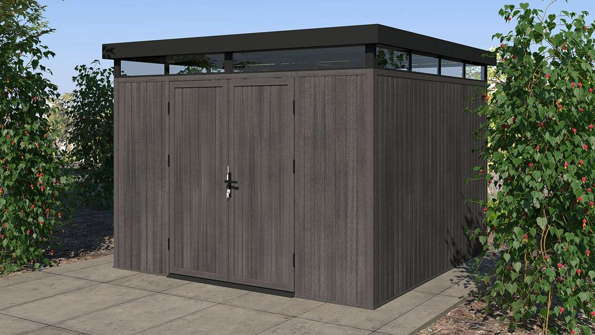 planeo WPC CoEx Casetta da giardino con tetto piano L - Grigio scuro 300 x 292 x 226,5 cm