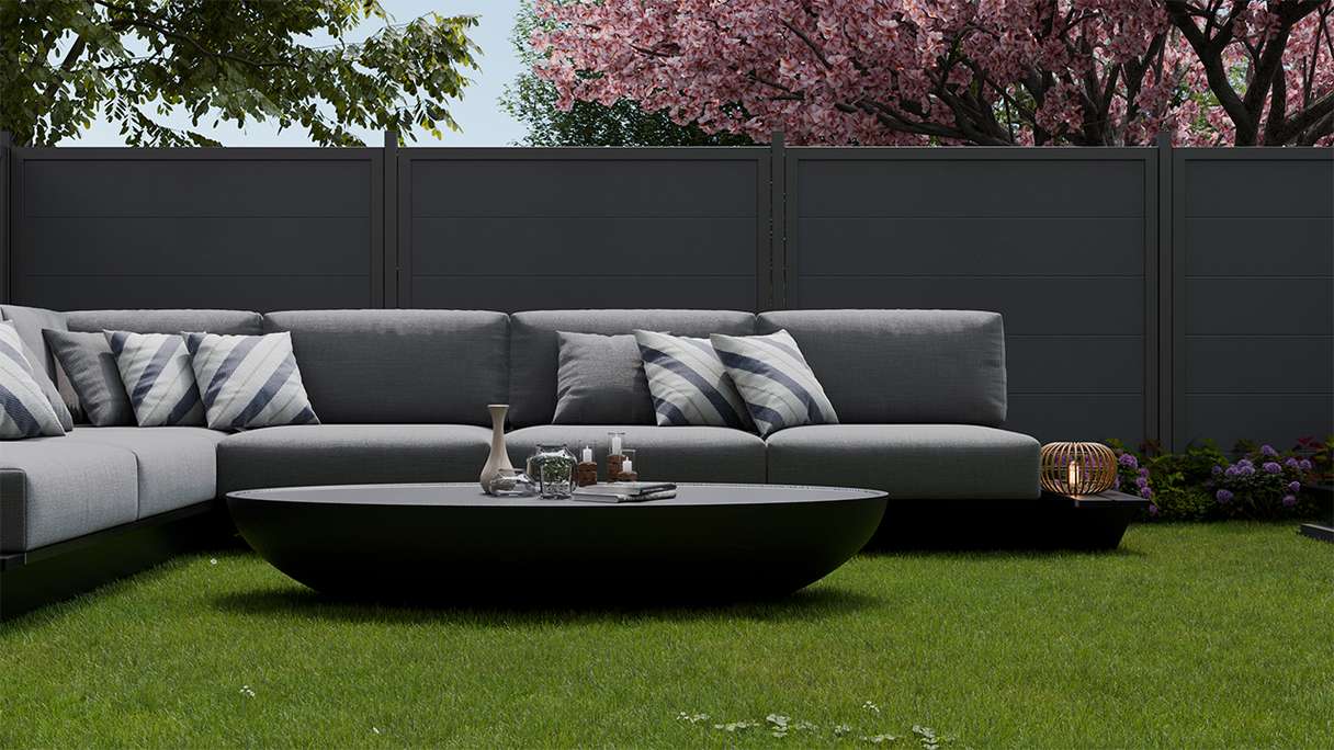 planeo Gardence Simply Guard - recinzione da giardino in PVC grigio antracite con telaio in alluminio antracite 180 x 180 cm