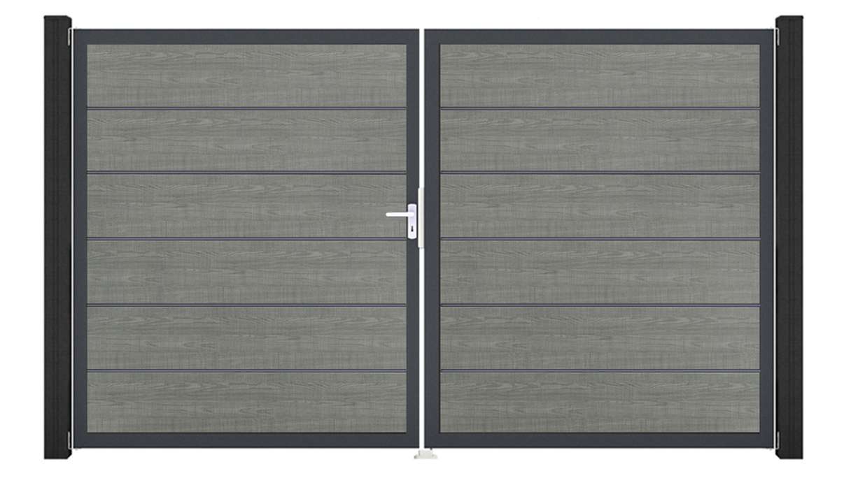 planeo Gardence Simply Premium - Cancello in PVC a 2 ante Grey Ash Cut con telaio in alluminio 300 x 180 cm