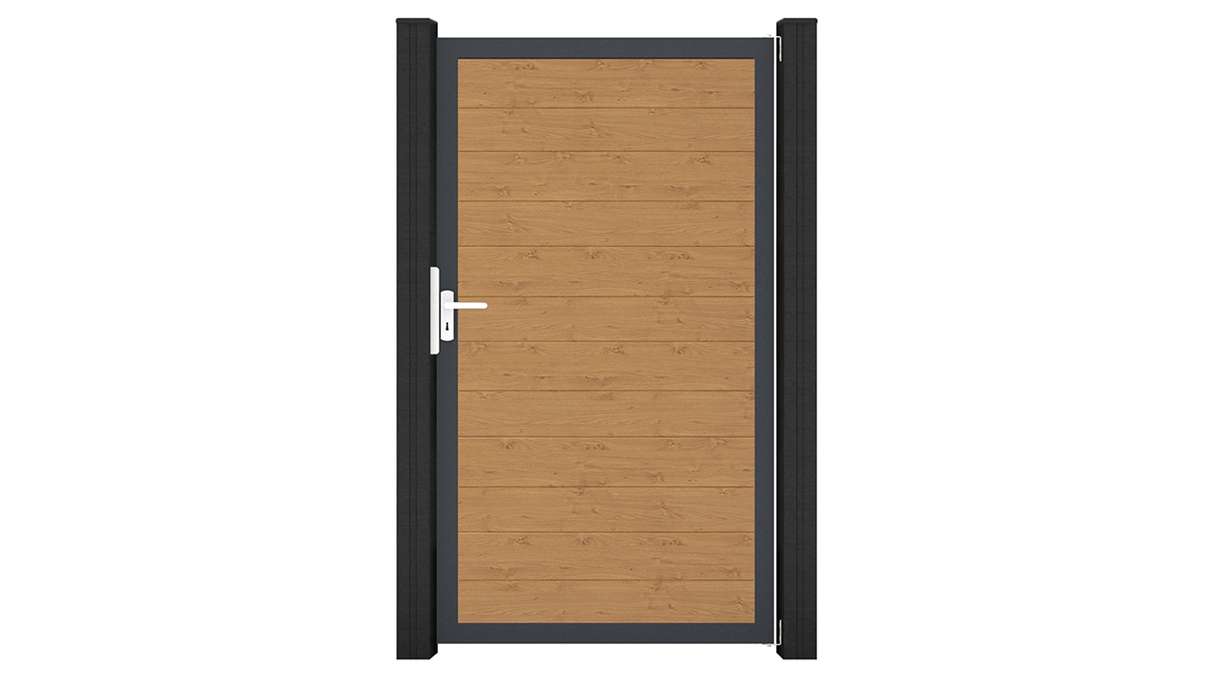 planeo Gardence Simply Small - Cancello universale in PVC, finitura rovere naturale, con telaio in alluminio, 100 x 180 cm