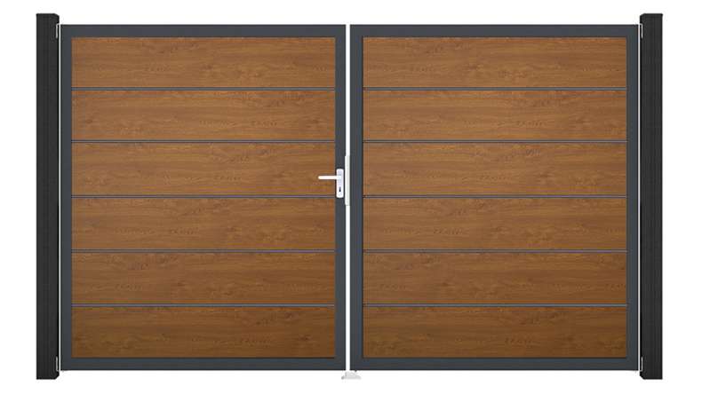 planeo Gardence Simply Premium - Porta in PVC - DIN sinistra 2 ante Golden Oak con telaio in alluminio antracite | DB703 300 x 180 cm