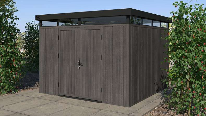 planeo WPC CoEx Casetta da giardino con tetto piano L - Grigio scuro 300 x 292 x 226,5 cm