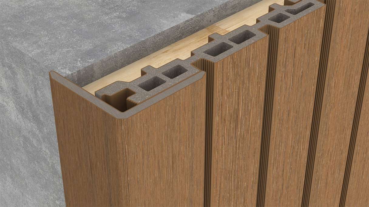 planeo LINEA - Angolo interno ed esterno in WPC CoEx, finitura teak birmano, 2900 x 55 x 55 mm