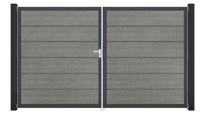 planeo Gardence Simply Premium - Cancello in PVC a 2 ante Grey Ash Cut con telaio in alluminio 300 x 180 cm
