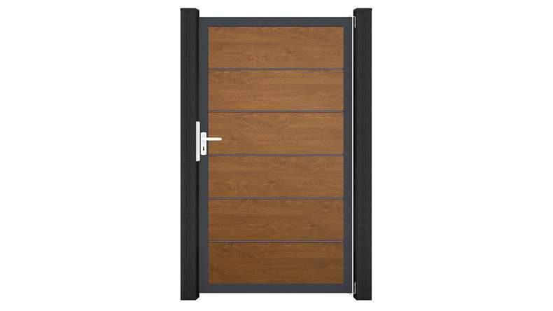 planeo Gardence Simply Premium - Cancello universale in PVC Golden Oak con telaio in alluminio 100 x 180 cm