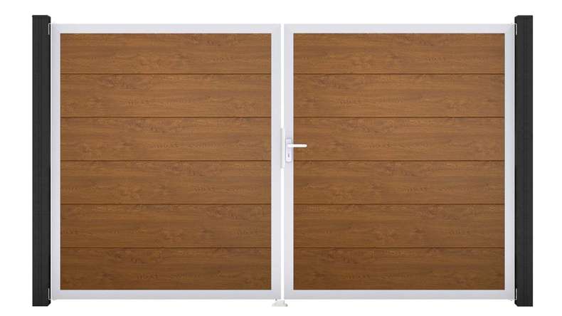 planeo Gardence Simply - Cancello in PVC a due ante, colore Golden Oak, con telaio in alluminio 