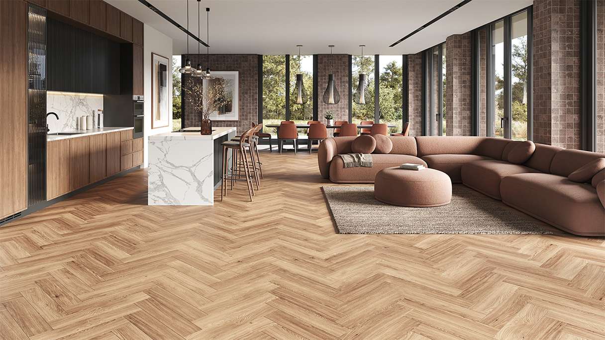 planeo Vinile rigido Klick - SolutionX 2in1 Rovere a spina di pesce Marrone chiaro | Isolamento acustico integrato (ECF-HB-4955)