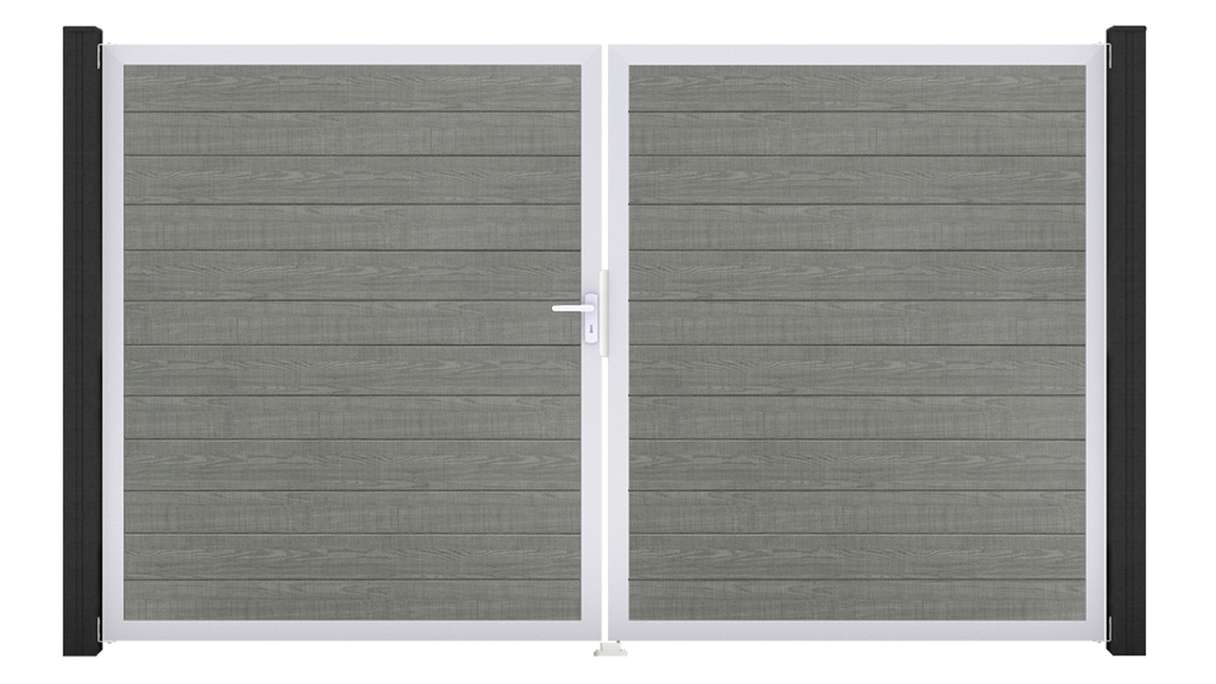 planeo Gardence Simply Small - Cancello in PVC a 2 ante Grey Ash Cut con telaio in alluminio 300 x 180 cm