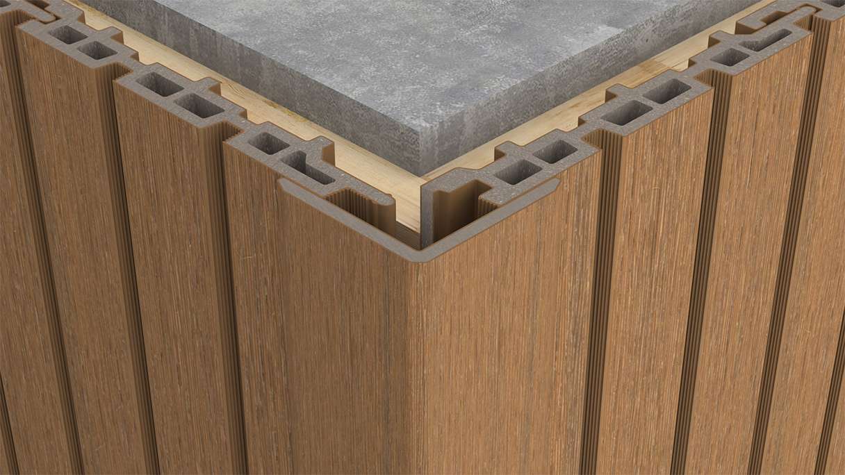 planeo LINEA - Angolo interno ed esterno in WPC CoEx, finitura teak birmano, 2900 x 55 x 55 mm