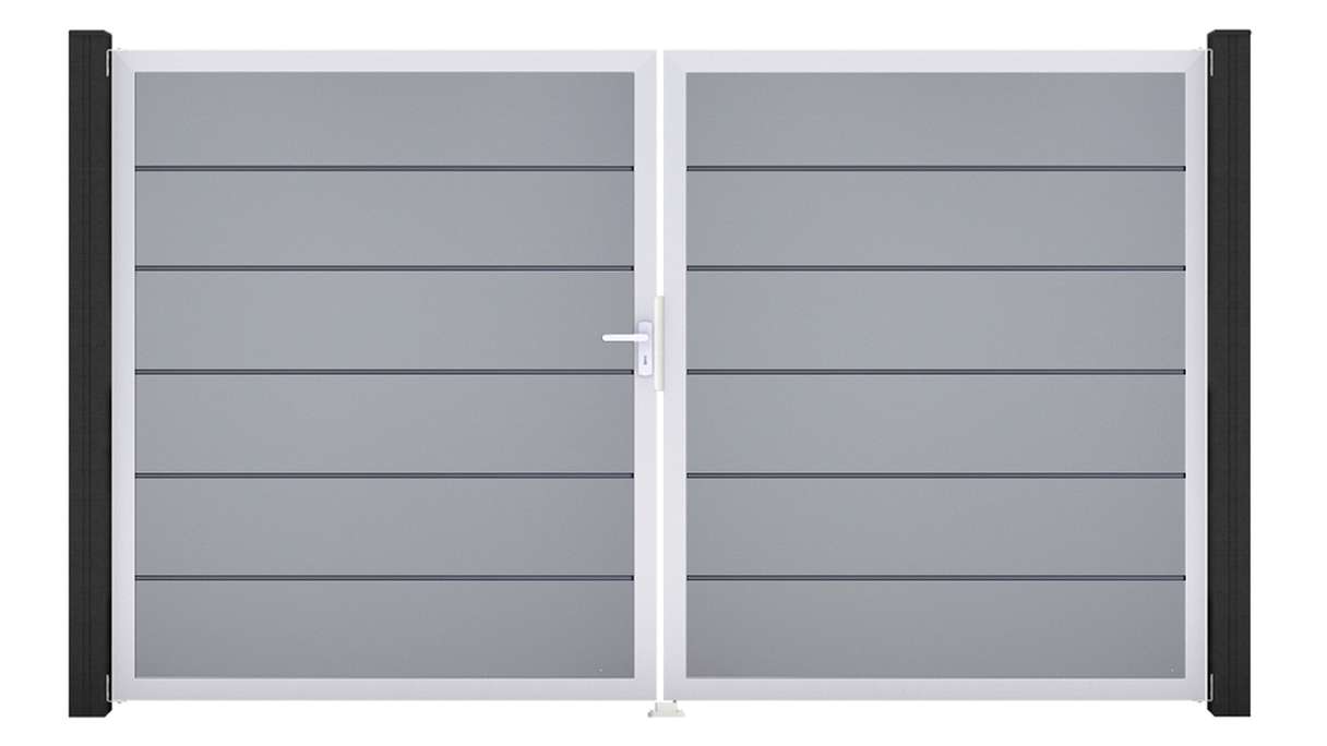 planeo Gardence Simply Premium - Porta in PVC - DIN sinistra a 2 ante grigio argento con telaio in alluminio argento | EV1 300 x 180 cm