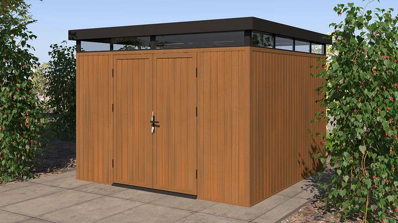 planeo WPC CoEx Casetta da giardino con tetto piano L - Teak birmano 300 x 292 x 226,5 cm
