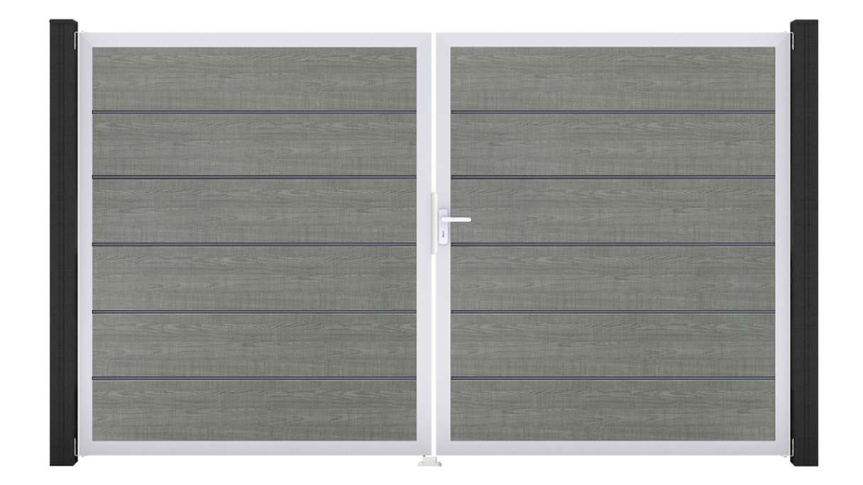 planeo Gardence Simply Premium - Cancello in PVC a 2 ante Grey Ash Cut con telaio in alluminio 300 x 180 cm