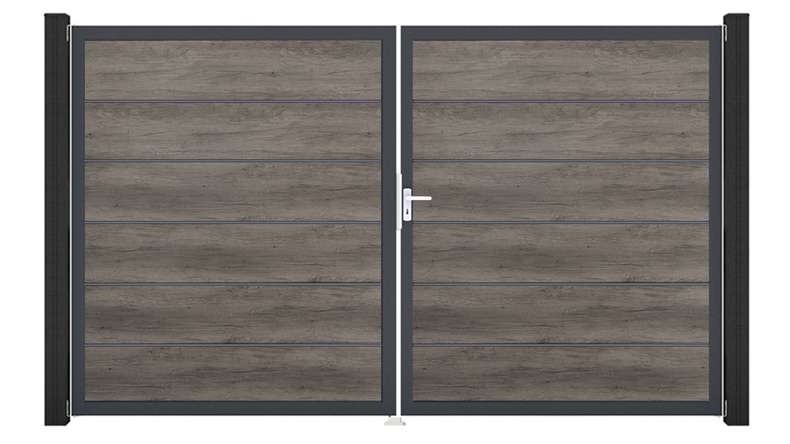 planeo Gardence Simply Premium - Cancello in PVC a 2 ante, finitura Monument Oak con telaio in alluminio, 300 x 180 cm