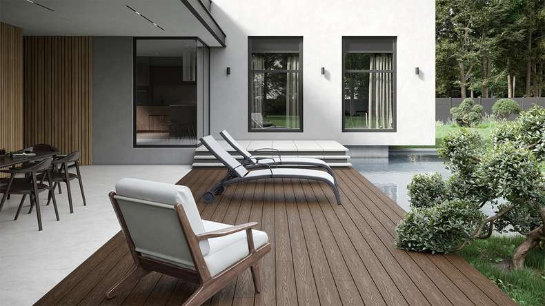 planeo CoEXWood WPC decking set completo tavola piena - marrone chiaro/marrone scuro strutturato