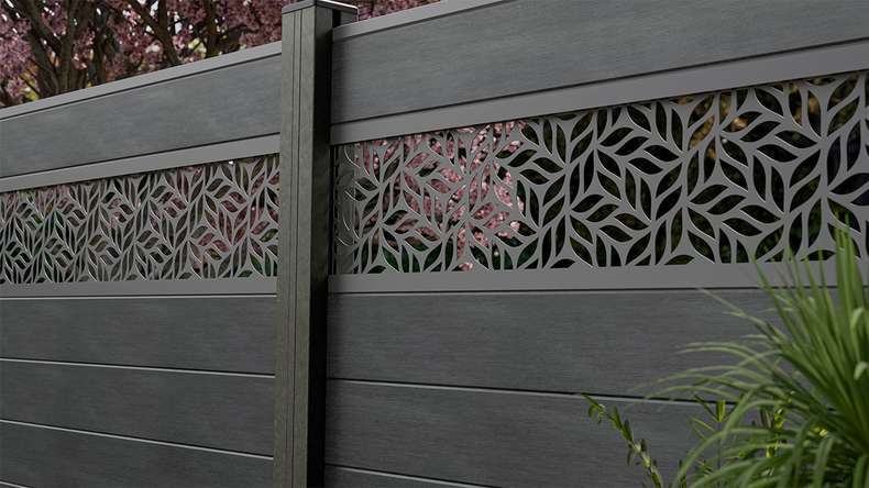 planeo Gardence Strong - recinzione a innesto BPC Leafs stone grey co-ex 180 x 180 cm