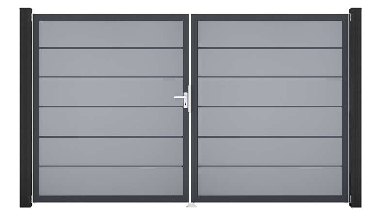 planeo Gardence Simply Premium - Cancello in PVC a 2 ante, grigio argento con telaio in alluminio, 300 x 180 cm