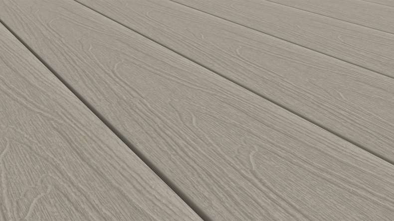 planeo WOODLine Nature - Pannello per decking rivestito in WPC CoEx a camera cava - grigio chiaro 3m strutturato/liscio spazzolato