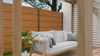 planeo Gardence Simply Premium - recinzione a innesto in PVC rovere nodoso naturale con lesene in antracite 180 x 180 cm