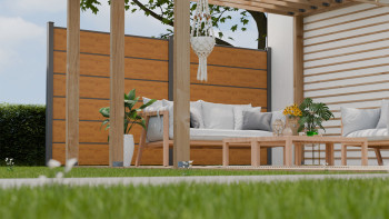 planeo Gardence Simply Premium - recinzione a innesto in PVC rovere nodoso naturale con lesene in antracite 180 x 180 cm