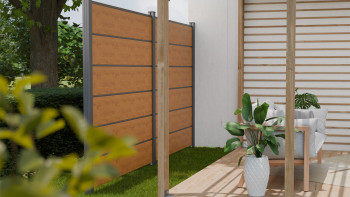 planeo Gardence Simply Premium - recinzione a innesto in PVC rovere nodoso naturale con lesene in antracite 180 x 180 cm