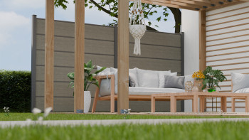 planeo Gardence Simply Premium - recinzione a innesto in PVC Grigio Cenere Taglio con lesene in antracite 180 x 180 cm