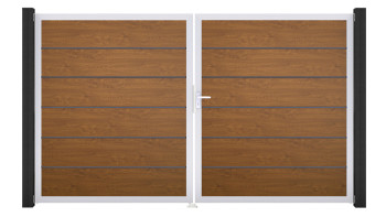 planeo Gardence Simply Premium - Porta in PVC - DIN destra 2 ante Golden Oak con telaio in alluminio argento | EV1 300 x 180 cm