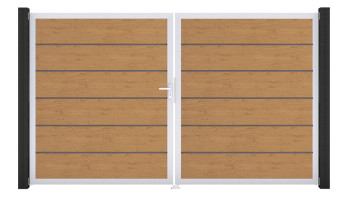 planeo Gardence Simply Premium - Porta in PVC - DIN sinistra a 2 ante in rovere nodoso naturale con telaio in alluminio argento | EV1 300 x 180 cm