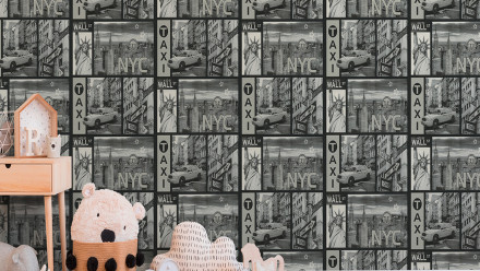 Carta da parati in vinile Boys & Girls 6 A.S. Création carta da parati per bambini NYC Taxi Metallic Black White 452