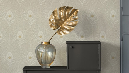 Carta da parati in vinile Absolutely Chic Architects Carta Retro Architetti Piume di pavone beige grigio metallizzato 717