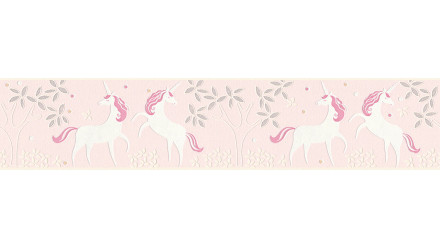 Carta da parati in vinile Boys & Girls 6 A.S. Création carta da parati per bambini bordo unicorni rosa metallizzato bianco 903