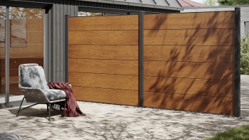 recinzione a innesto planeo Gardence in PVC - Rovere dorato con inserto design a scelta 180 x 180 cm