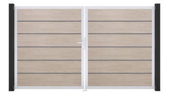 planeo Gardence Simply Premium - Porta in PVC - DIN sinistra a 2 ante in Rovere Sheffield con telaio in alluminio argento | EV1 300 x 180 cm