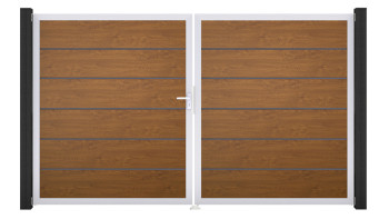 planeo Gardence Simply Premium - Porta in PVC - DIN sinistra 2 ante Golden Oak con telaio in alluminio argento | EV1 300 x 180 cm