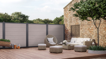 planeo Gardence Guard - Recinzione in BPC quadrata Bicolore Sabbia con telaio in alluminio antracite
